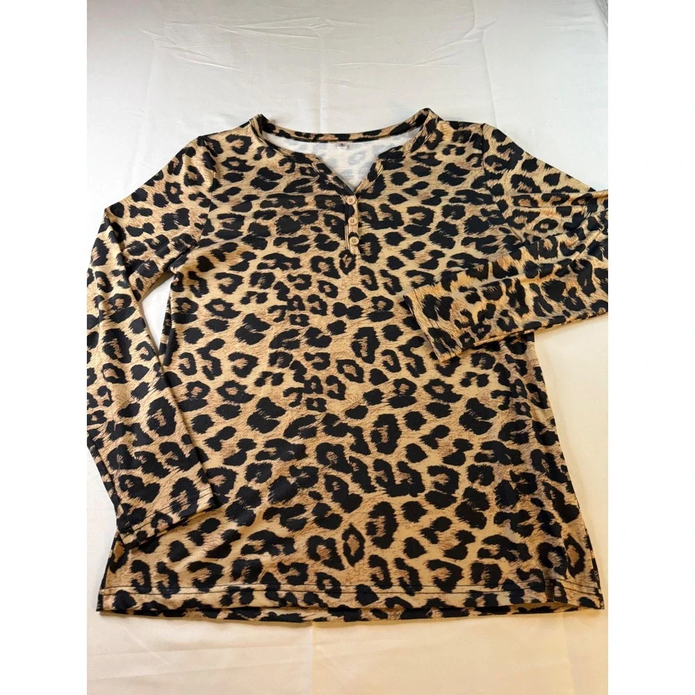 Womens Leopard Print Long Sleeve Henley Shirt Tan Black Animal Pattern Top Small